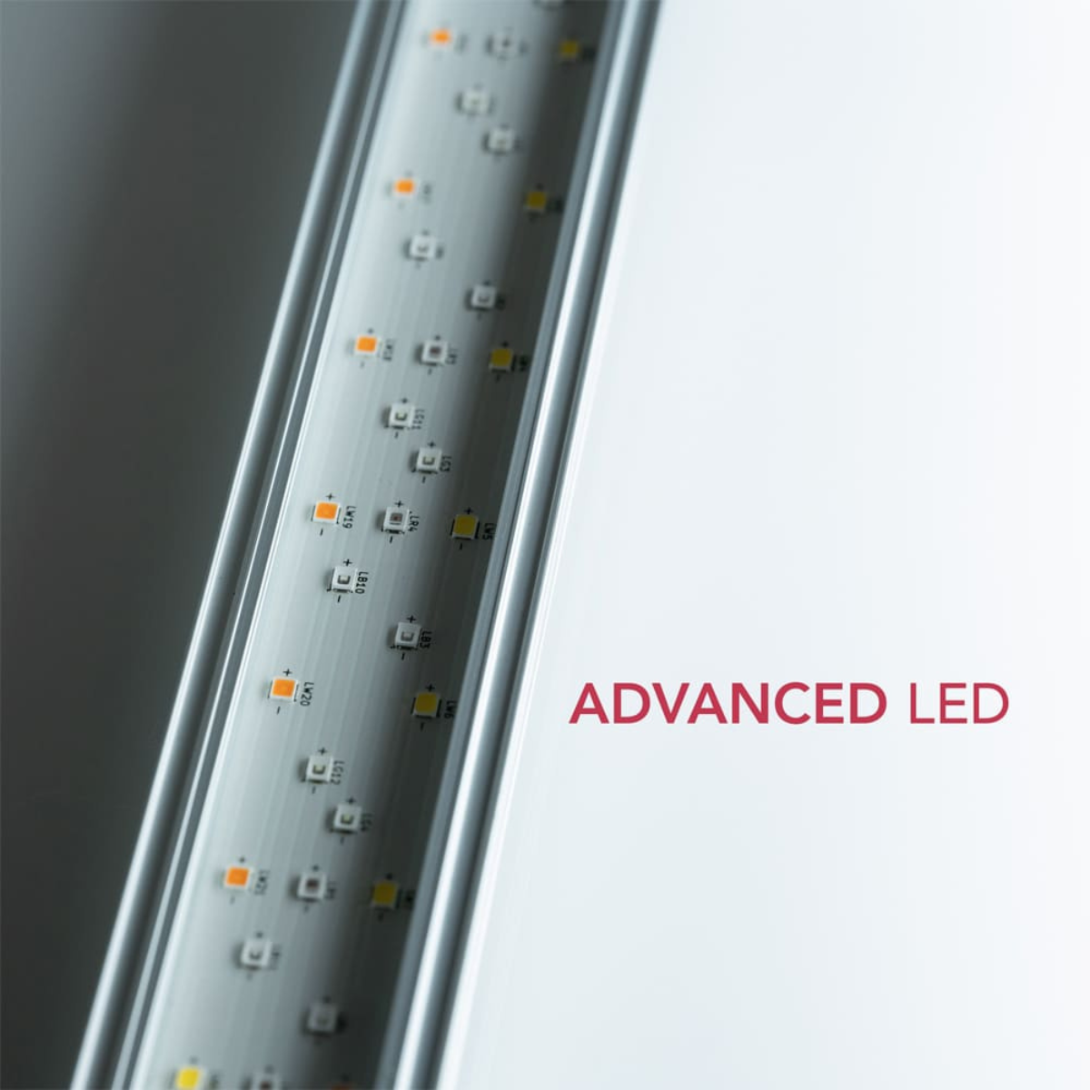 Close-up of an advanced LED light strip with 'ADVANCED LED' text on a gradient background.
